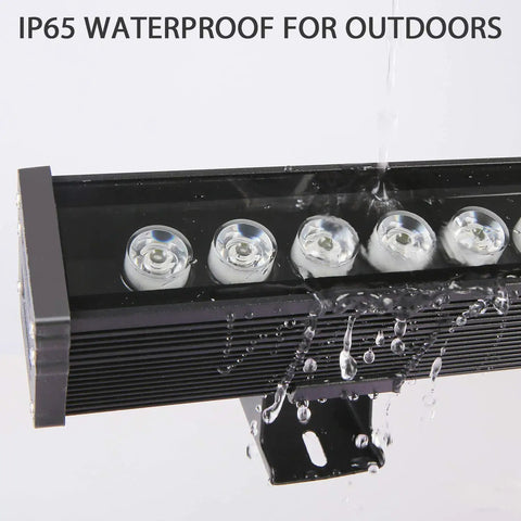 108W RGB Wall Washer Light With 24 Key RF Remote showing water resistance, ideal for outdoor installations.