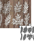 Eight Piece Leaf Metal Die Cuts Set For Scrapbooking And Card Making, Floral Leaf Cutting Dies Stencils For DIY Embossing Craft Projects, Durable Carbon Steel Dies, 9.7 By 10.9 Cm displayed on wood