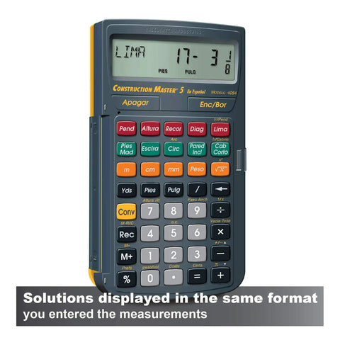 Close-up of Spanish Display Construction Master 5 Foot Inch Fraction Calculator For Carpenters Go To Dimensional Math Tool