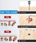 Rock Solid 188 Piece Hex Socket Nuts And Wrench Drill Bit Set showing M6 and M8 screws, hex wrenches, and usage instructions for furniture assembly.