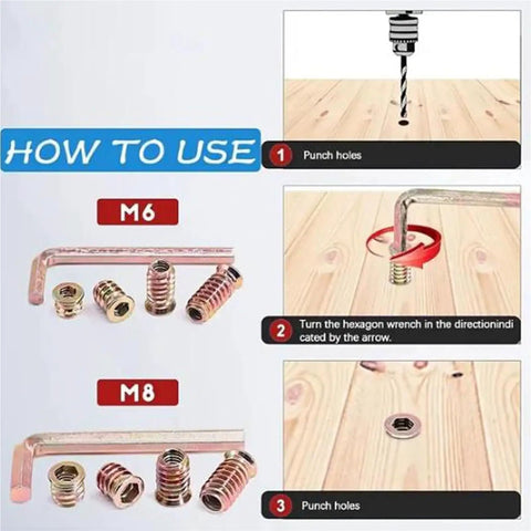 Rock Solid 188 Piece Hex Socket Nuts And Wrench Drill Bit Set showing M6 and M8 screws, hex wrenches, and usage instructions for furniture assembly.