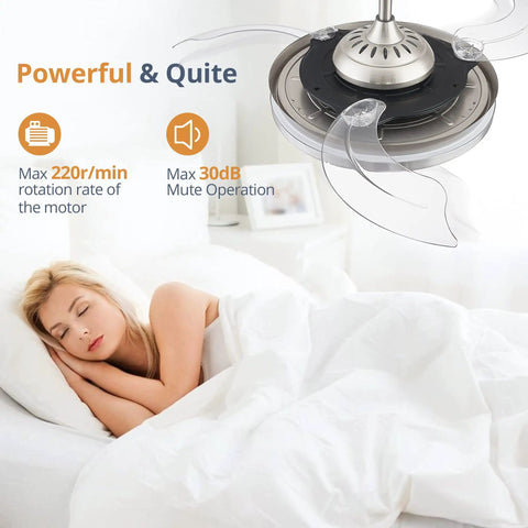 42 Inch Retractable Ceiling Fan With Remote, LED Lighting, And Brushed Nickel Finish shown in a bedroom, highlighting quiet operation.
