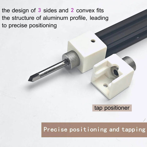 Aluminum Extrusion Drill Guide And Tap Jig For 2020 And 2040 European Profiles with tap positioner shown on white background.