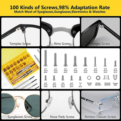 One Stop Magnetic Eyeglass Repair Kit With Magnetic Screws, 14 Sizes, 9 Nose Pads, Curved Tweezer, Precision Screwdriver Set