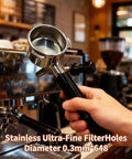 Professional Grade Three Ear Espresso Portafilter With Base And Double Spout Built From Premium Stainless Steel Compatible With Breville Makers close-up in use