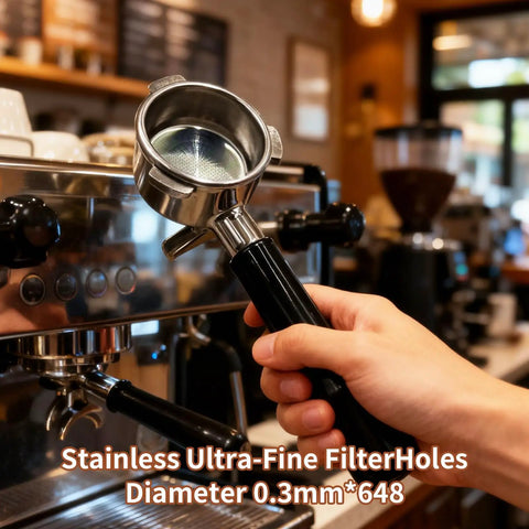 Professional Grade Three Ear Espresso Portafilter With Base And Double Spout Built From Premium Stainless Steel Compatible With Breville Makers close-up in use