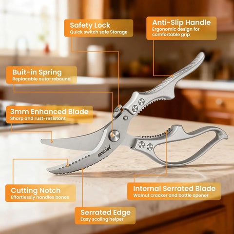 Heavy Duty Kitchen Scissors For Meat And Poultry, All Purpose Kitchen Shears With Serrated Edge For Scaling, Bone And Rib Cutting, Veggie Prep, Safe Lock, Durable, Reliable, Easy To Use, stainless steel kitchen shears with anti-slip handle