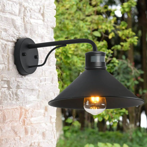 Outdoor Barn Lights With Motion Sensor 10 Inch Industrial Exterior Wall Light Rugged Waterproof Matte Black on brick wall