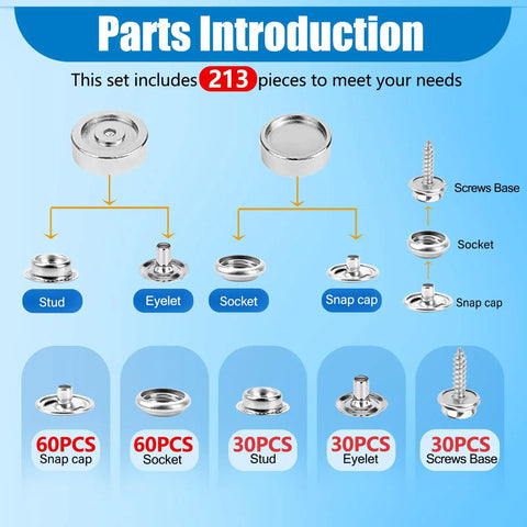 Diagram showing parts of Total Boss 213-Piece Canvas Snap Kit With 3/8 Inch Stainless Marine Grade Snaps, including eyelets and sockets.