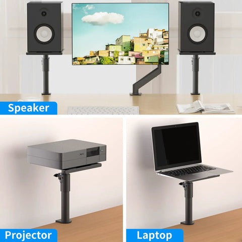 Clamp On Speaker Stand Desk Mount Set With Height Adjustable Swivel Trays For Bookshelf Speakers and Monitors, 2 Pack Black
