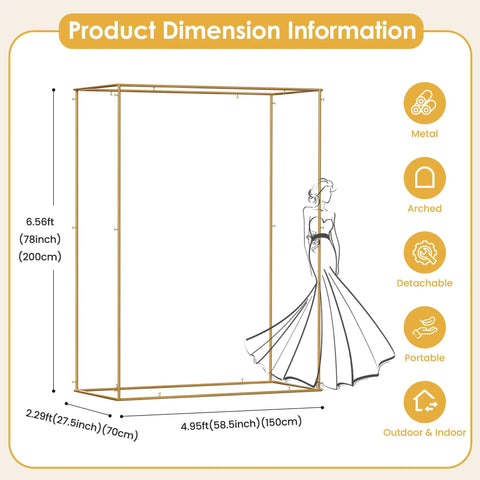 Product dimension illustration of Gold Outdoor Metal Arbor Frame Stand 4.95 By 6.56 Ft Backyard Garden Arch Trellis For Plants And Wedding Backdrop Decor, Weatherproof Sturdy Arch With Black Coating For Wind Rain And Sun
