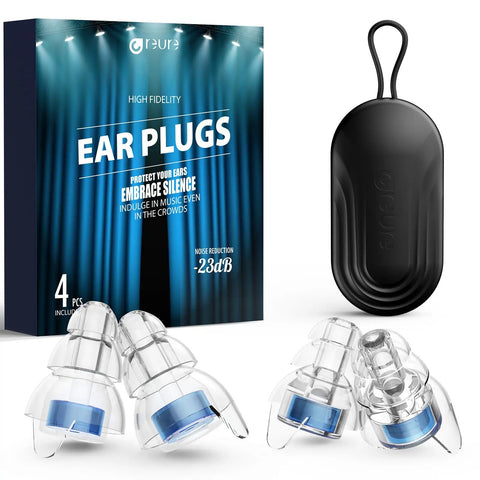 High Fidelity Concert Ear Plugs for Loud Music Lovers and Musicians, Silicone Reusable Earplugs With Even Noise Reduction Without Muffling, 23 dB, Great for Raves, Airplanes, Motorcycles, and Live Shows with packaging and carrying case