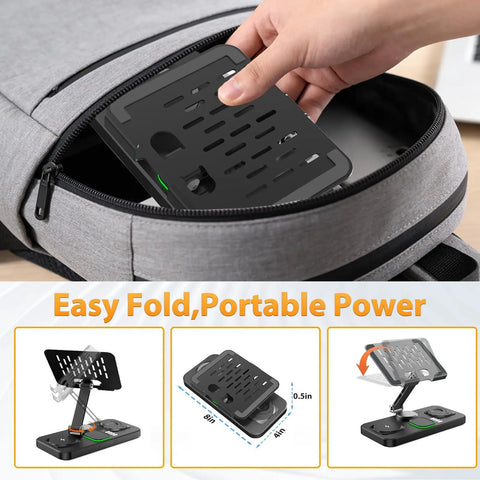 Person placing 6 In 1 Wireless Charging Station For Apple Devices With Foldable Stand Clock Display And 7 Color Ambient Lights in bag