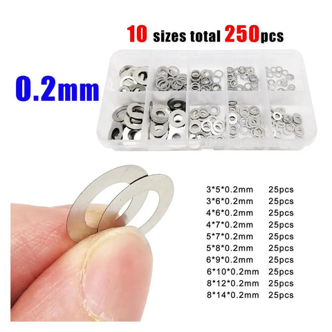 250 Pcs Ultra Thin Flat Washer Kit Adjustable Shim Set 0.1mm 0.2mm 0.3mm 304 Stainless Steel A2 For Precision Metalworking DIY Projects And Automotive And Machinery Assembly, 0.2mm washers in case