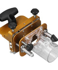 Rock Solid Stainless Steel Router Mortising Jig Acting As A Slick Woodworking Slotting Positioner With Dead Nuts Adjustable Depth Stops For Efficient Joinery And Smooth DIY Cabinetry, detailed view of adjustment knobs and transparent router guide.