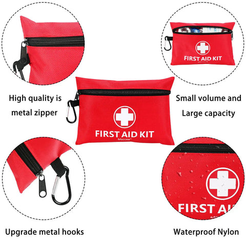Compact 122 Piece Family First Aid Kit For Home Travel Camping Hiking Car School And Outdoor Adventures; red waterproof bag with metal zipper and hook