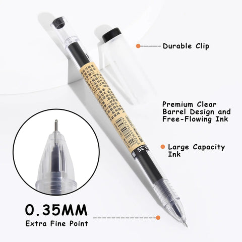 Japanese Style Gel Pens 0.35mm Extra Fine Point No Smudge Quick Dry For Journaling Planners And Thin Notebook Paper Ultra Smooth Writing For Office And School Use 12 Pack Great For Note Taking, featuring pen with clear barrel and durable clip
