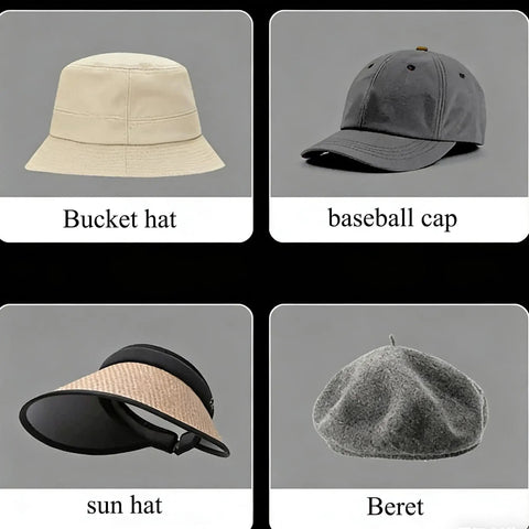 Bucket hat, baseball cap, sun hat, and beret displayed; hat size tape reducer insert foam self adhesive 30 pack sizing tape sizer for hats and caps make hats fit smaller sweatband black white lightweight soft foam durable adhesive easy to apply for all day comfort compatible.