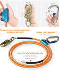 Heavy Duty Tree Climbing Flip Line Kit with 1/2 Inch Steel Wire Core and 8 Foot Length Triple Lock Carabiner Adjuster shown in details.