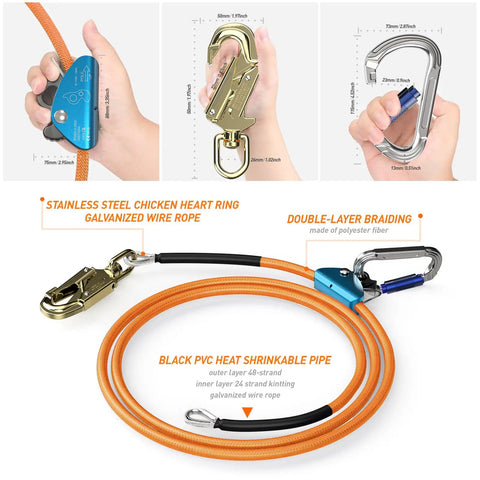 Heavy Duty Tree Climbing Flip Line Kit with 1/2 Inch Steel Wire Core and 8 Foot Length Triple Lock Carabiner Adjuster shown in details.
