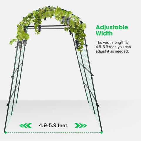 7Ft Arch Trellis For Climbing Plants With Adjustable Width And Sturdy Metal Tunnel Design Nylon Netting Included, covered in vines.