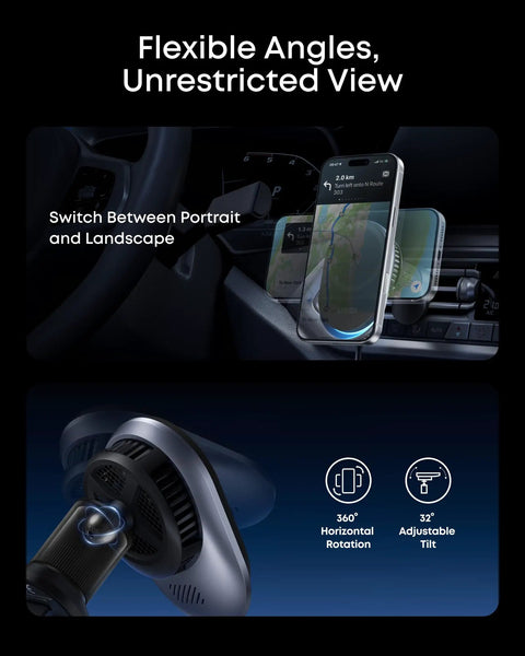 Prime MagSafe Car Mount Charger with Qi2 25W for iPhone in portrait and landscape, air vent installed, flexible angles.