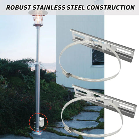 Pole Mounting Kits For Outdoor Electrical Boxes With Adjustable Clamps in 304 Stainless Steel, shown securing a pole