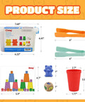 Super Cool Rainbow Counting Bears Set Sixty Bright Plastic Bears And Matching Sorting Cups Awesome Preschool Math Learning Game For Toddlers product size chart with measurements, featuring storage bin, tweezers, and dice.