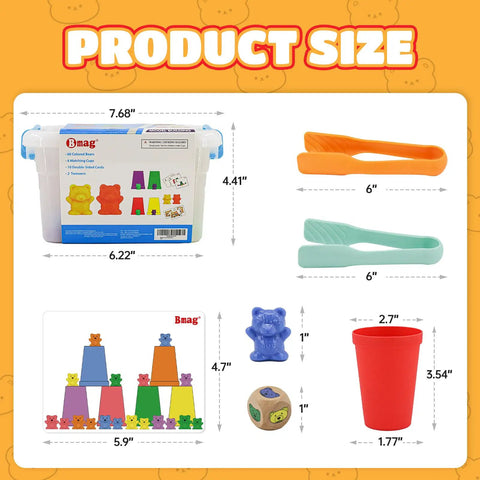 Super Cool Rainbow Counting Bears Set Sixty Bright Plastic Bears And Matching Sorting Cups Awesome Preschool Math Learning Game For Toddlers product size chart with measurements, featuring storage bin, tweezers, and dice.