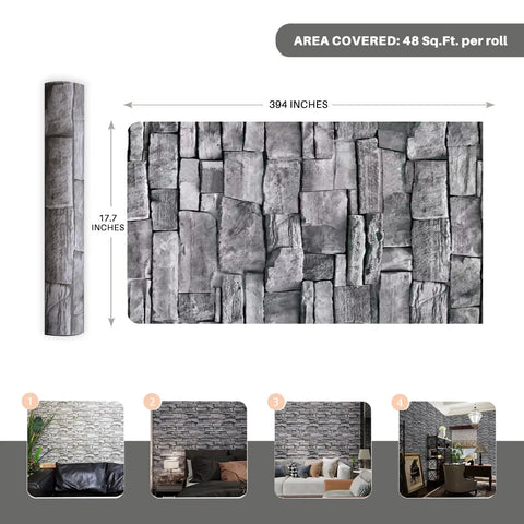 Grey Brick Wallpaper Peel And Stick 17.7 By 394 Inches Faux 3D Stone Wall Design