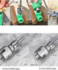 Premium Integrated Internal And External Pipe Threading Toolkit Upgraded For 1/2 Inch 3/4 Inch 1 Inch PVC And Steel Pipes Electric Drill Compatible showing application on green PVC pipe.