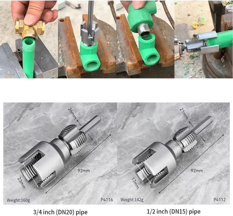 Premium Integrated Internal And External Pipe Threading Toolkit Upgraded For 1/2 Inch 3/4 Inch 1 Inch PVC And Steel Pipes Electric Drill Compatible showing application on green PVC pipe.