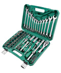 Grease Monkey Approved 61 Piece Socket Wrench Set Featuring Chrome Vanadium Steel Ratchet Tool Kit displayed in a green case.
