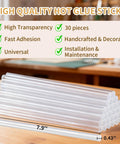 Crystal Clear Hot Glue Sticks 8 Inch By 0.43 Inch 30 Pack For Hot Glue Gun Crafter Favorite Bond On Wood Plastic Glass Fabric Foam Jewelry Easy Fast Mess Free Crafting At Home stacked on table showcasing high transparency and fast adhesion features.