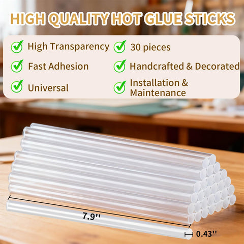 Crystal Clear Hot Glue Sticks 8 Inch By 0.43 Inch 30 Pack For Hot Glue Gun Crafter Favorite Bond On Wood Plastic Glass Fabric Foam Jewelry Easy Fast Mess Free Crafting At Home stacked on table showcasing high transparency and fast adhesion features.