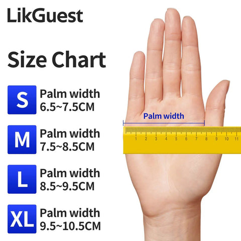 Heavy Duty Black Nitrile Disposable Gloves Built Tough For The Daily Grind Without Latex Or Powder 4 Mil Thick size chart with palm width measurements.