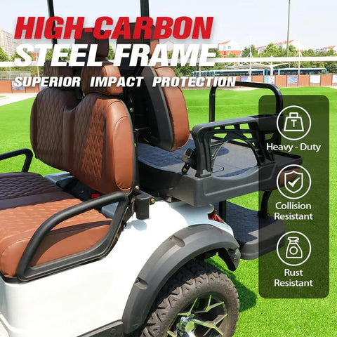 Six Seater Electric Golf Cart With 60V 105Ah Battery And Advanced Suspension showing high-carbon steel frame with padded seating.