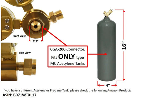 Acetylene Regulator Gas Gauge CGA-200 With Rear Connector For Welding, CGA-200 connection fitting with tank dimensions.