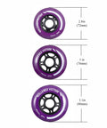 VXT500 Inline Skate Wheels 8 Pack With Bearings Spacers And Washers Built Tough Replacement Roller Blade Wheels For Indoor And Outdoor Skating 80mm Royal Purple, showing 72mm, 76mm, and 80mm sizes in purple.