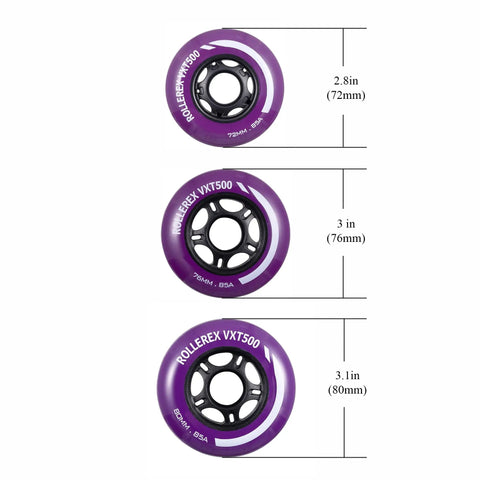 VXT500 Inline Skate Wheels 8 Pack With Bearings Spacers And Washers Built Tough Replacement Roller Blade Wheels For Indoor And Outdoor Skating 80mm Royal Purple, showing 72mm, 76mm, and 80mm sizes in purple.