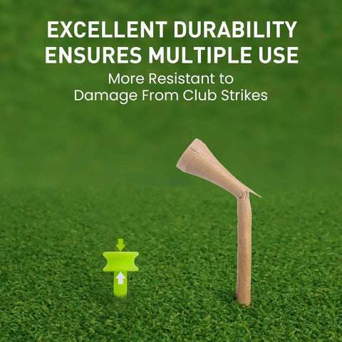 Castle Golf Tees Set on grass, showing durability and resistance. Durable Plastic Step-Down Tees, Unbreakable 60 Count, Mixed Lengths pack.