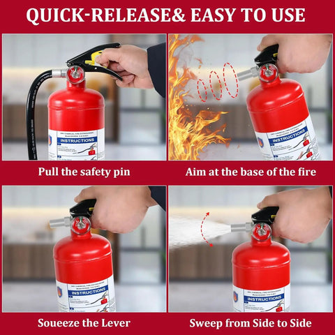 Instructions for Four Pack ABC Dry Chemical Fire Extinguishers Five Pound All In One Safety Kit For Home Workshop Camper Or Sedan with quick-release trigger.