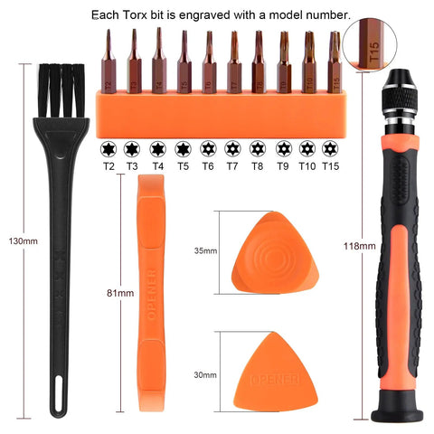 10 In 1 Interchangeable Magnetic Torx Screwdriver Set with magnetic handle, 10 bits T2-T15, spudger, cleaning brush, triangular spudger