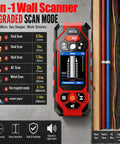 Rugged Seven In One Wall Scanner Stud Finder With Integrated Laser Distance Meter showing scan modes for studs and AC wires.