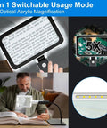 5X Full Page Magnifier With Light And Stand For Reading, LED light detail, man using desk magnifying glass, and close-up of 5X text