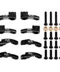 CNC Aluminum Shock Absorber Flex Blades For TRX4M laid out with mounting hardware for Defender Bronco, black anodized upgrade.