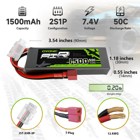 Two Pack 7.4V 1500mAh 50C LiPo Battery 2S with Soft Case Deans T Connector for Foamy RC Planes Helicopters and Drones