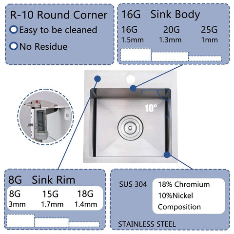 Diagram of 15x15 Inch Bar Sink Drop In Topmount Stainless Steel Square Single Bowl Kitchen Sink With Grid And Drain details.