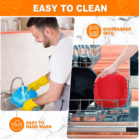Two Pack 8 Inch Square Silicone Air Fryer Liners Reusable Inserts For 4 To 7 Qt Ovens Thick 67 Mil Food Grade Silicone Red And Blue Nonstick Easy Clean Durable Air Fryer Accessories shown being hand washed and placed in a dishwasher.