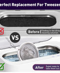 Rock Solid Stainless Steel Parts Washer Basket 3 Pack, showing before and after use in ultrasonic cleaner for jewelry.